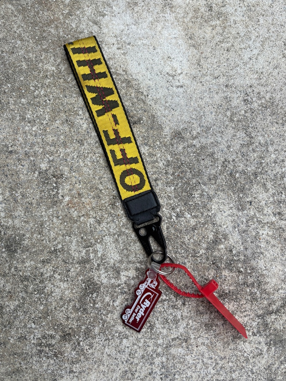 Off-White Yellow and Black Woven Strap Keyring with Red Tag